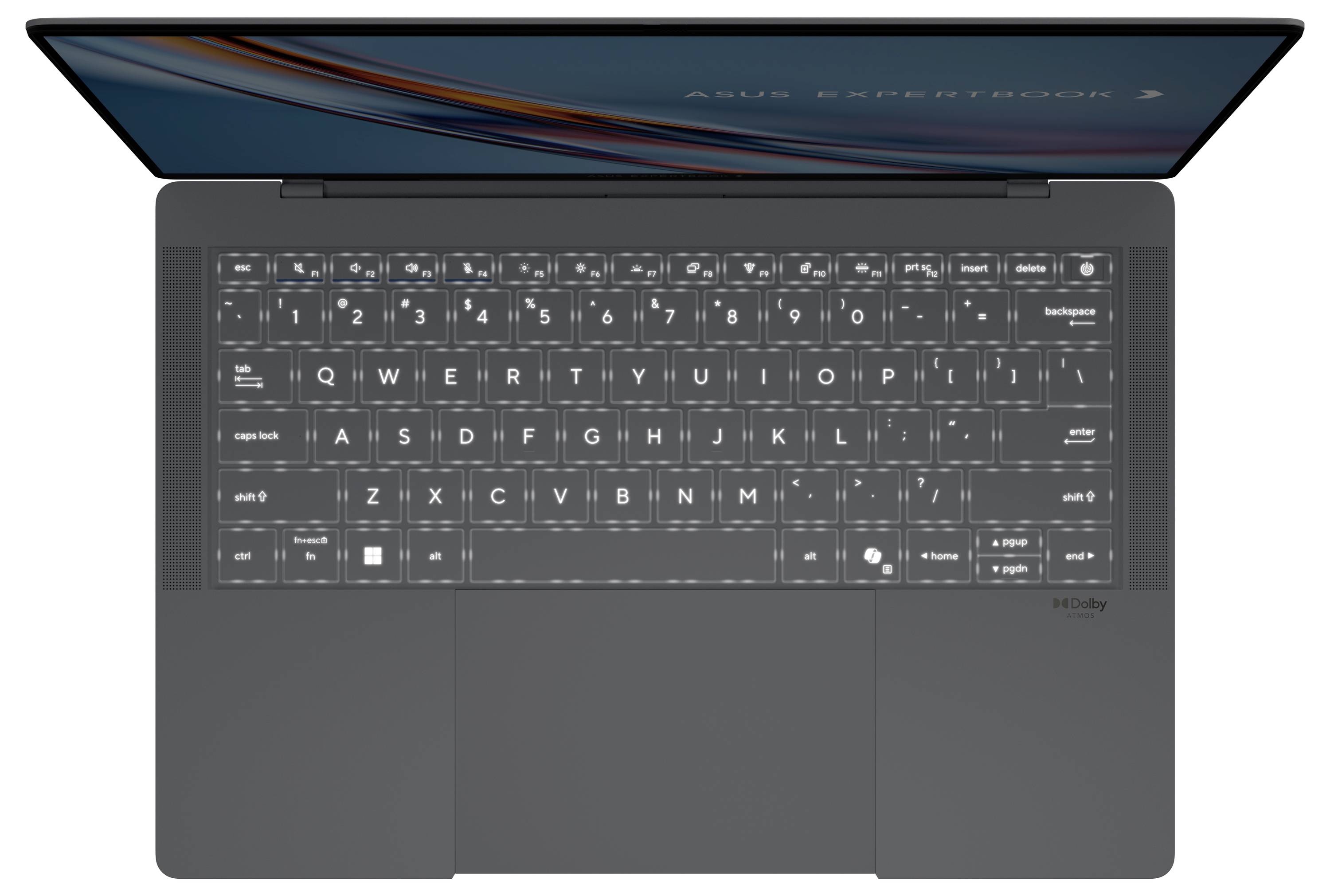 Draufsicht auf einen Laptop mit einer leuchtenden Touchscreen-Tastatur, auf der Tasten und Symbole angezeigt werden.