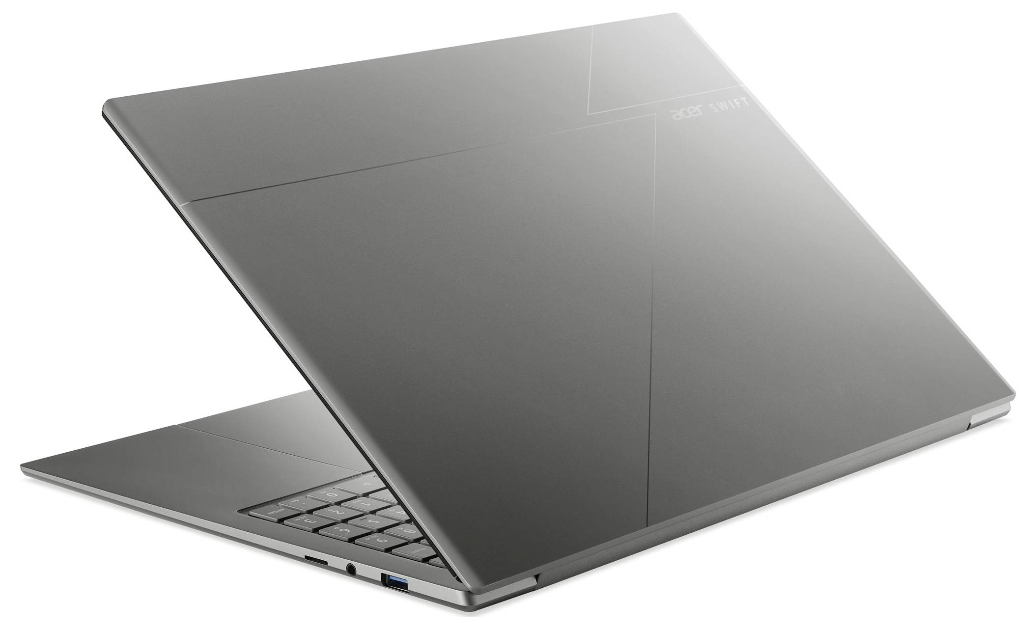 Tragbarer Laptop-Computer teilweise geschlossen, schräg auf weißem Hintergrund dargestellt.