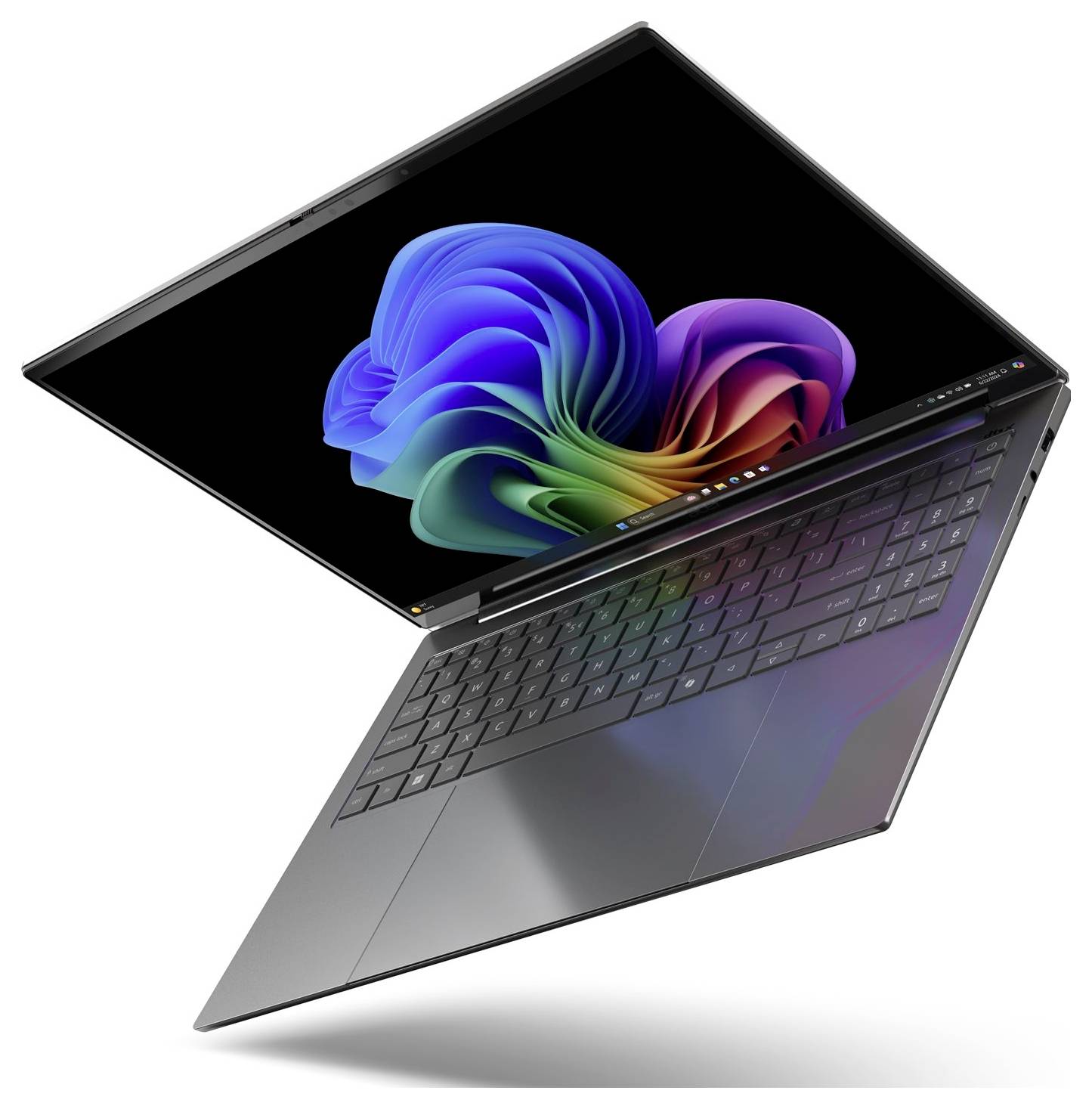 Silberner Acer-Laptop mit farbenfrohem abstraktem Windows-ähnlichem Hintergrundbild auf dem Bildschirm, vor einem neutralen Hintergrund dargestellt.