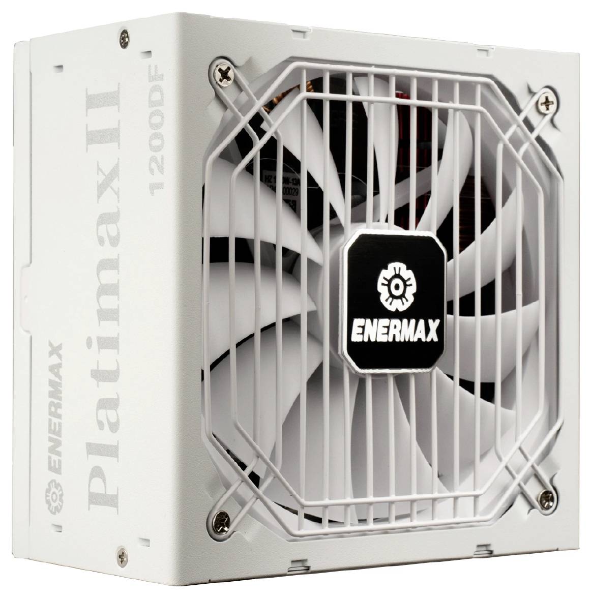 Weiße Enermax Platimax II 1200DF Computernetzteil mit frontalem Kühlgebläse und Schutzgitter