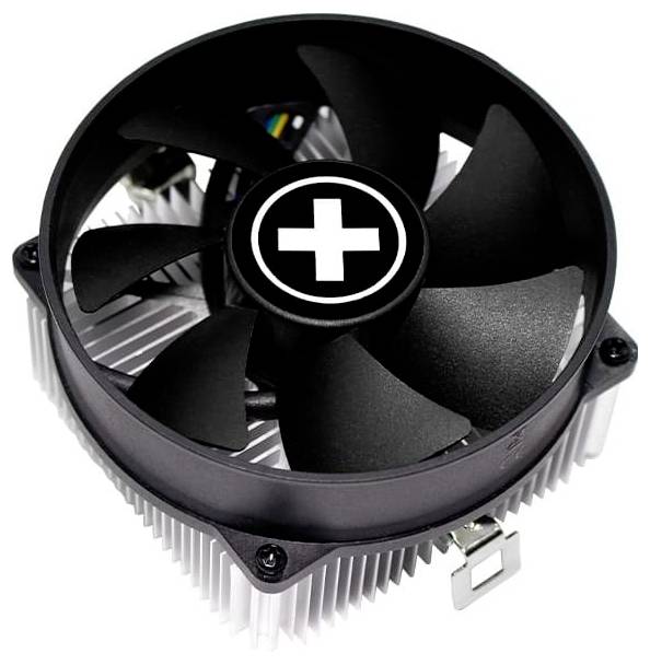 Ein Computer-CPU-Lüfter mit schwarzem Kreisrahmen und silbernem Kühlkörper, mit einem weißen Pluszeichen in der Mitte der Lüfterblätter.