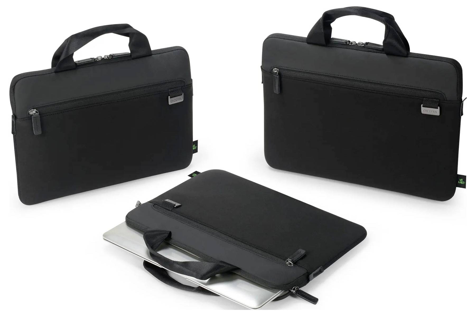 Drei schwarze Laptop-Schutzhüllen mit Tragegriffen, Reißverschlüssen und externen Taschen aus verschiedenen Winkeln gezeigt; eine hält einen silbernen Laptop.