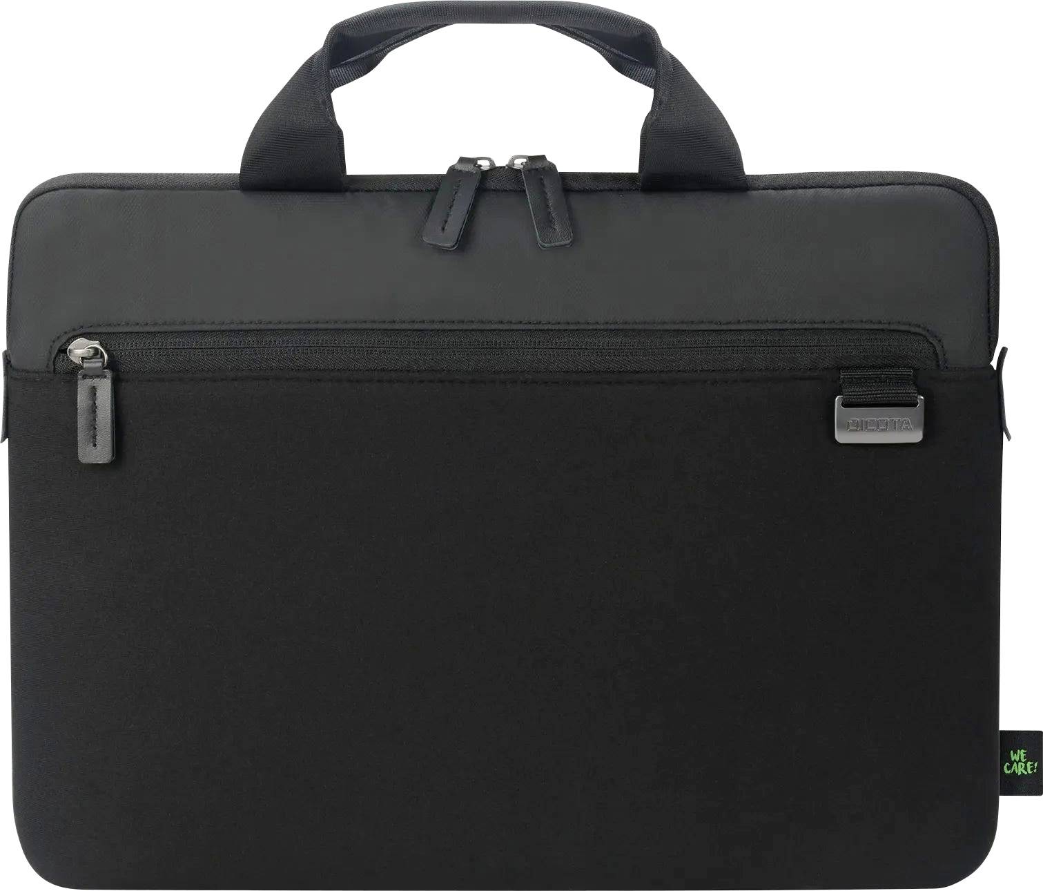 Eine schwarze Laptop-Tasche mit Doppelreißverschlüssen und einer vorderen Tasche, mit einem Tragegriff oben.
