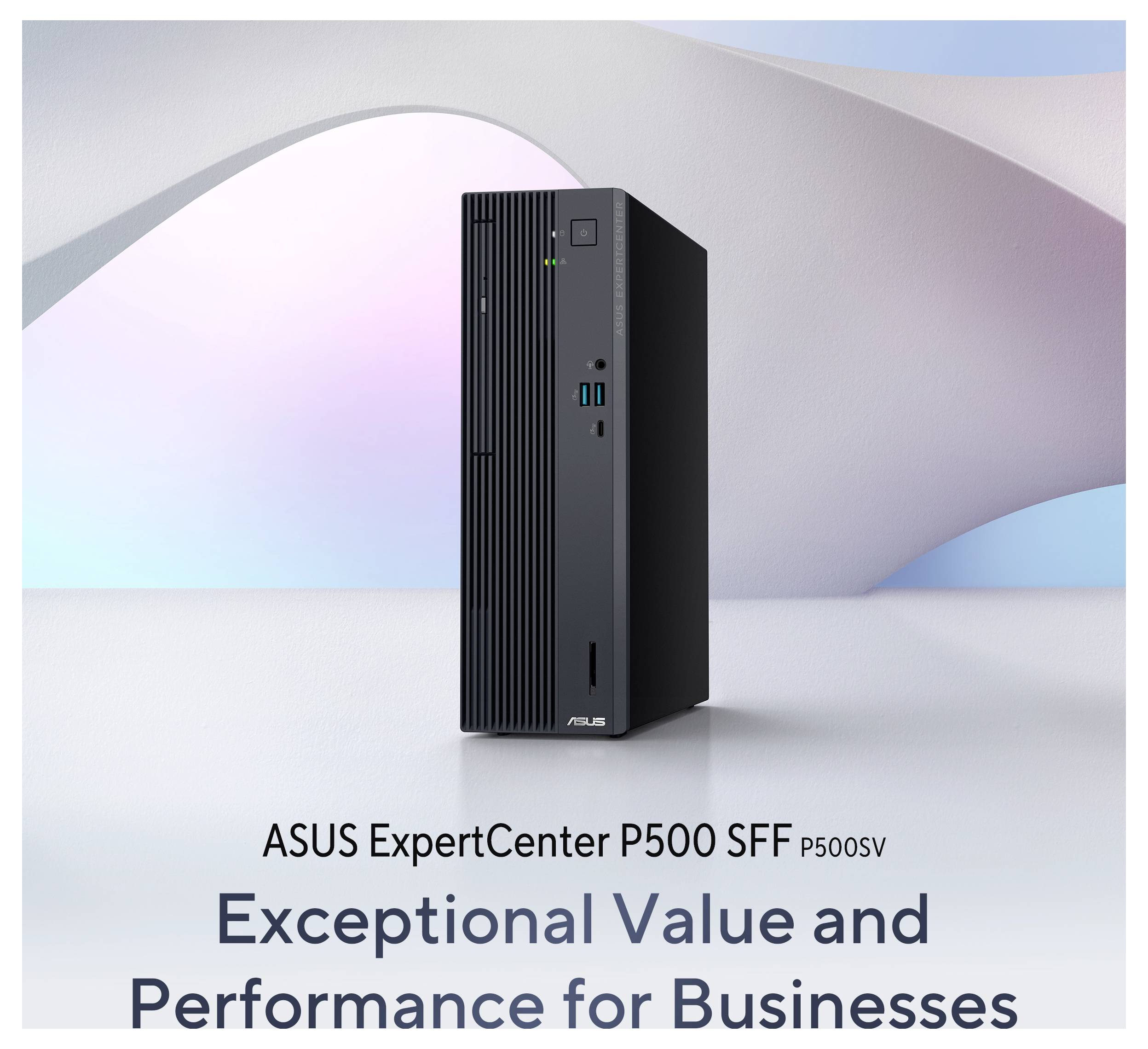 ASUS ExpertCenter P5000 SFF Computer mit Text, der "Außergewöhnlicher Wert und Leistung für Unternehmen" auf elegantem, modernem Hintergrund anzeigt.