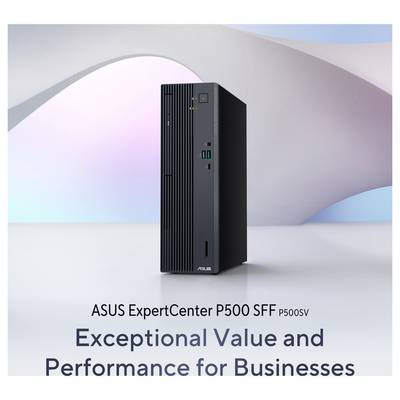 ASUS ExpertCenter P5000 SFF Computer mit Text, der "Außergewöhnlicher Wert und Leistung für Unternehmen" auf elegantem, modernem Hintergrund anzeigt.