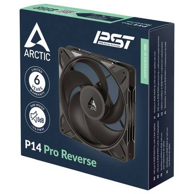 Die Verpackung des „ARCTIC P14 Pro Reverse" zeigt einen schwarzen Kühlventilator mit 6 Jahren Garantie, unterstützt durch PST und 0dB-Modus für effiziente Kühlung.