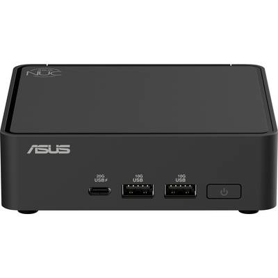 Kleiner schwarzer Desktop-Computer mit "ASUS"-Branding, mit drei USB-Anschlüssen an der Vorderseite mit Geschwindigkeitsbezeichnungen und einem Einschaltknopf.