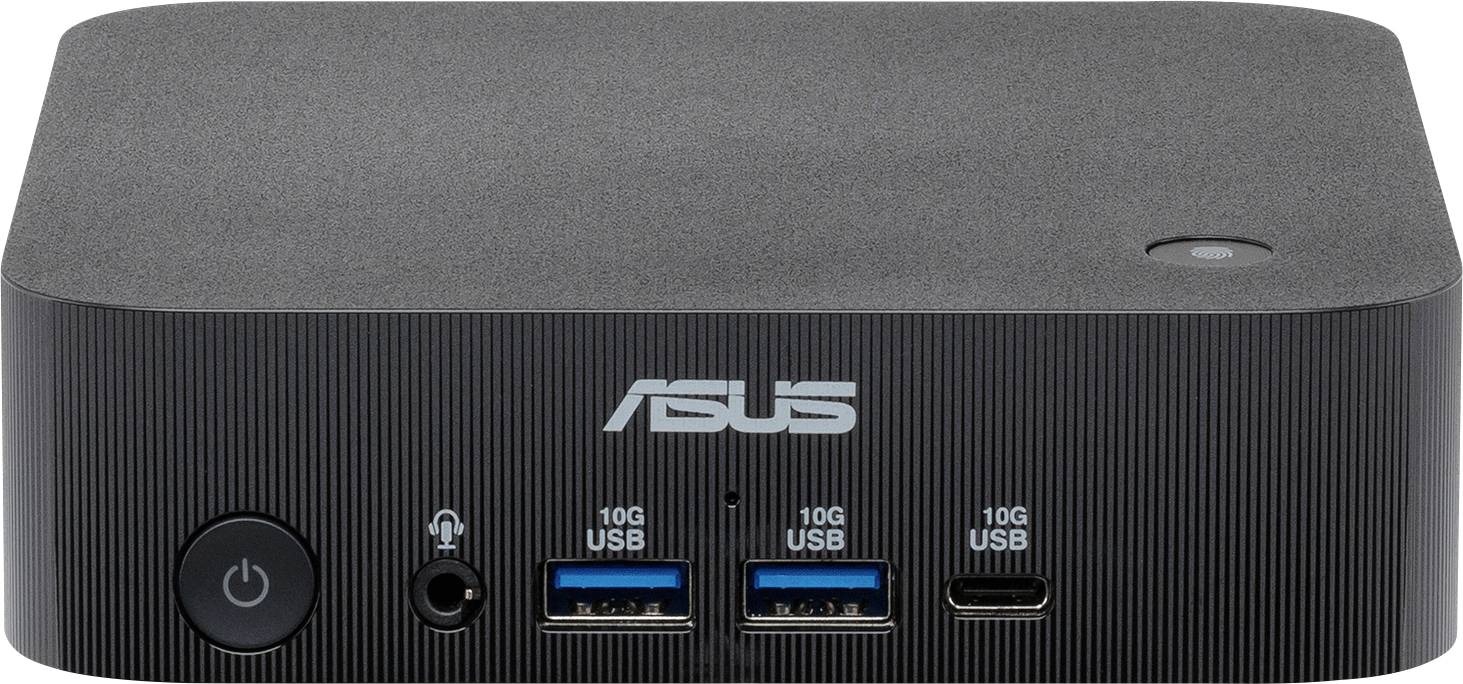 Ein kompakter schwarzer ASUS Mini-PC mit einer Stromtaste, zwei blauen USB-Anschlüssen und einem USB-C-Anschluss auf der Vorderseite.