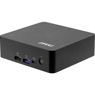 Schwarzer MSI Mini-PC mit USB-2.0-Anschlüssen an der Vorderseite, USB-10G-, USB-C-10G-Anschlüssen und einem Stromschalter.