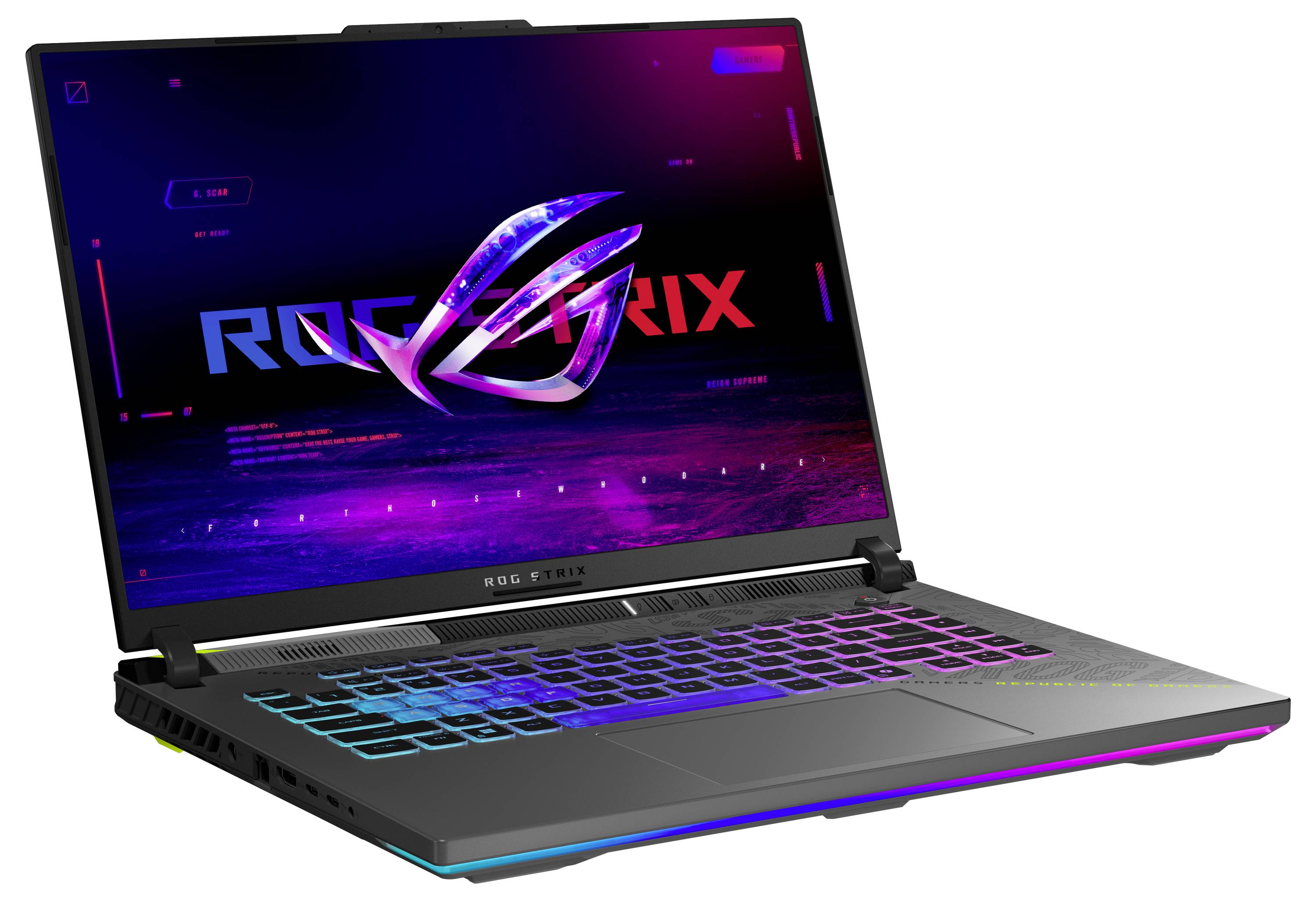 Offener Gaming-Laptop mit ROG-Logo auf einem neonblau und neonrosa leuchtenden Bildschirm, mit RGB-beleuchteter Tastatur.