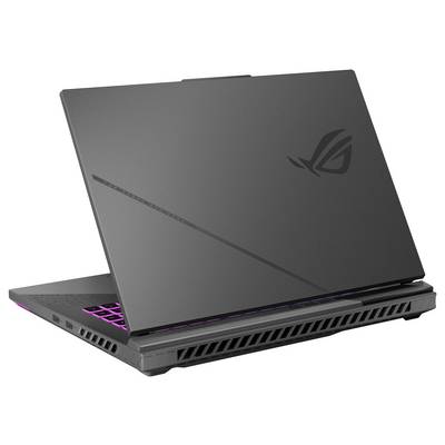 Geschlossener dunkelgrauer ASUS ROG Gaming-Laptop mit leuchtenden rosa Tastaturakzenten und hinteren Kühlungsöffnungen, gezeigt in schräger Seitenansicht.