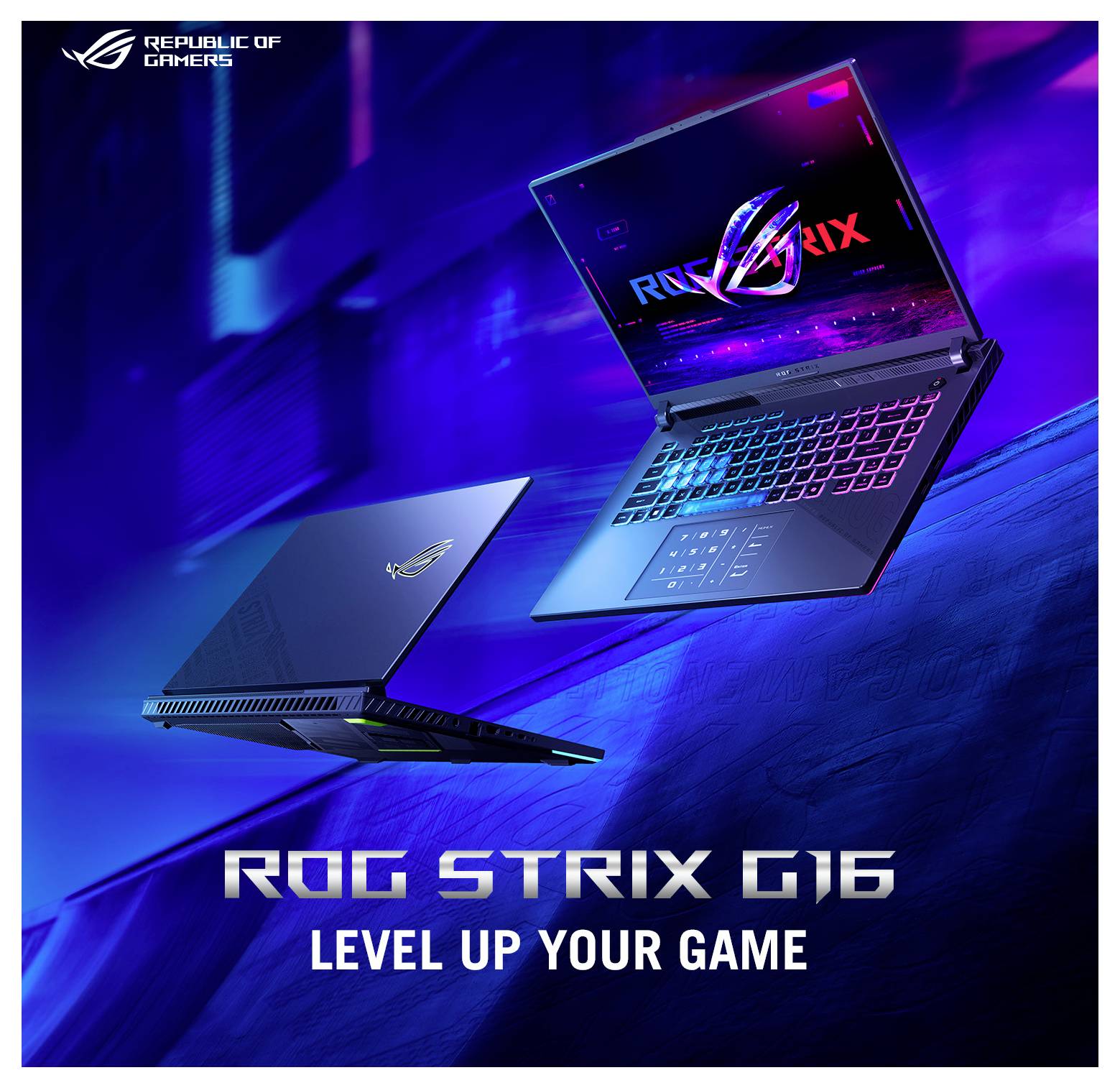 Werbebild von zwei ASUS ROG Strix G16 Gaming-Laptops, einer offen mit beleuchteter Tastatur und ROG-Logo, einer geschlossen; Text lautet „ROG STRIX G16" und „HEBEN SIE IHR SPIEL AUF DIE NÄCHSTE STUFE".
