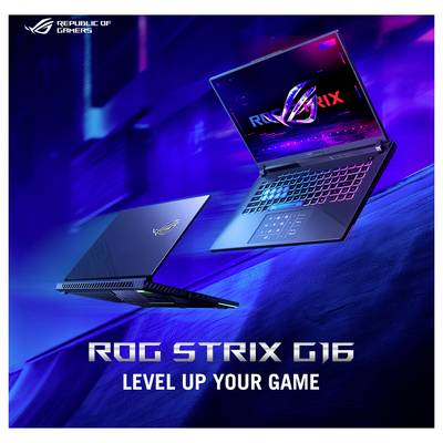 Werbebild von zwei ASUS ROG Strix G16 Gaming-Laptops, einer offen mit beleuchteter Tastatur und ROG-Logo, einer geschlossen; Text lautet „ROG STRIX G16" und „HEBEN SIE IHR SPIEL AUF DIE NÄCHSTE STUFE".