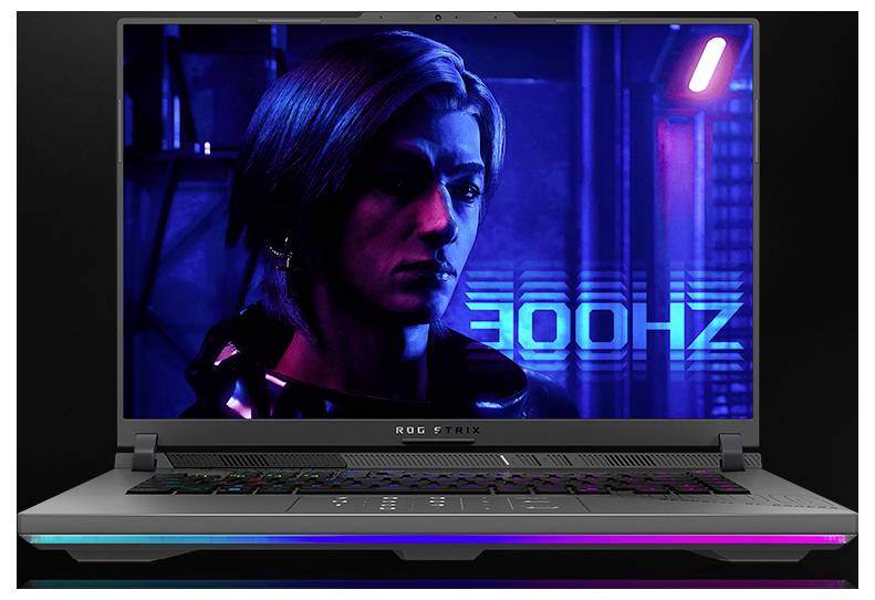 Gaming-Laptop mit neon-beleuchteten Porträt einer Frau und dem Text „300Hz" auf dem Bildschirm, das ein hochfrequentes Display hervorhebt.