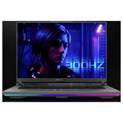 Gaming-Laptop mit neon-beleuchteten Porträt einer Frau und dem Text „300Hz" auf dem Bildschirm, das ein hochfrequentes Display hervorhebt.