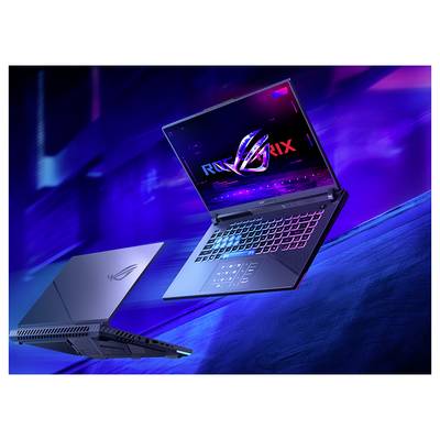 Zwei offene und geschlossene ROG-Gaming-Laptops auf einem blauvioletten Neon-Hintergrund, die das ASUS Republic of Gamers Design und Logo hervorheben.