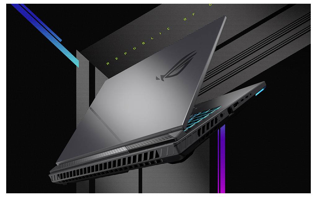 Ein eleganter grauer Gaming-Laptop, teilweise geöffnet, in einem dunklen, futuristischen Design mit leuchtenden Akzenten und einem sichtbaren Logo auf dem Deckel.