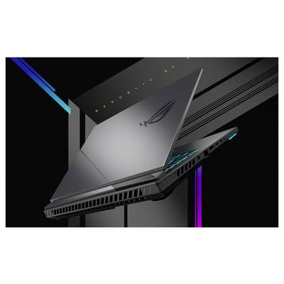 Ein eleganter grauer Gaming-Laptop, teilweise geöffnet, in einem dunklen, futuristischen Design mit leuchtenden Akzenten und einem sichtbaren Logo auf dem Deckel.