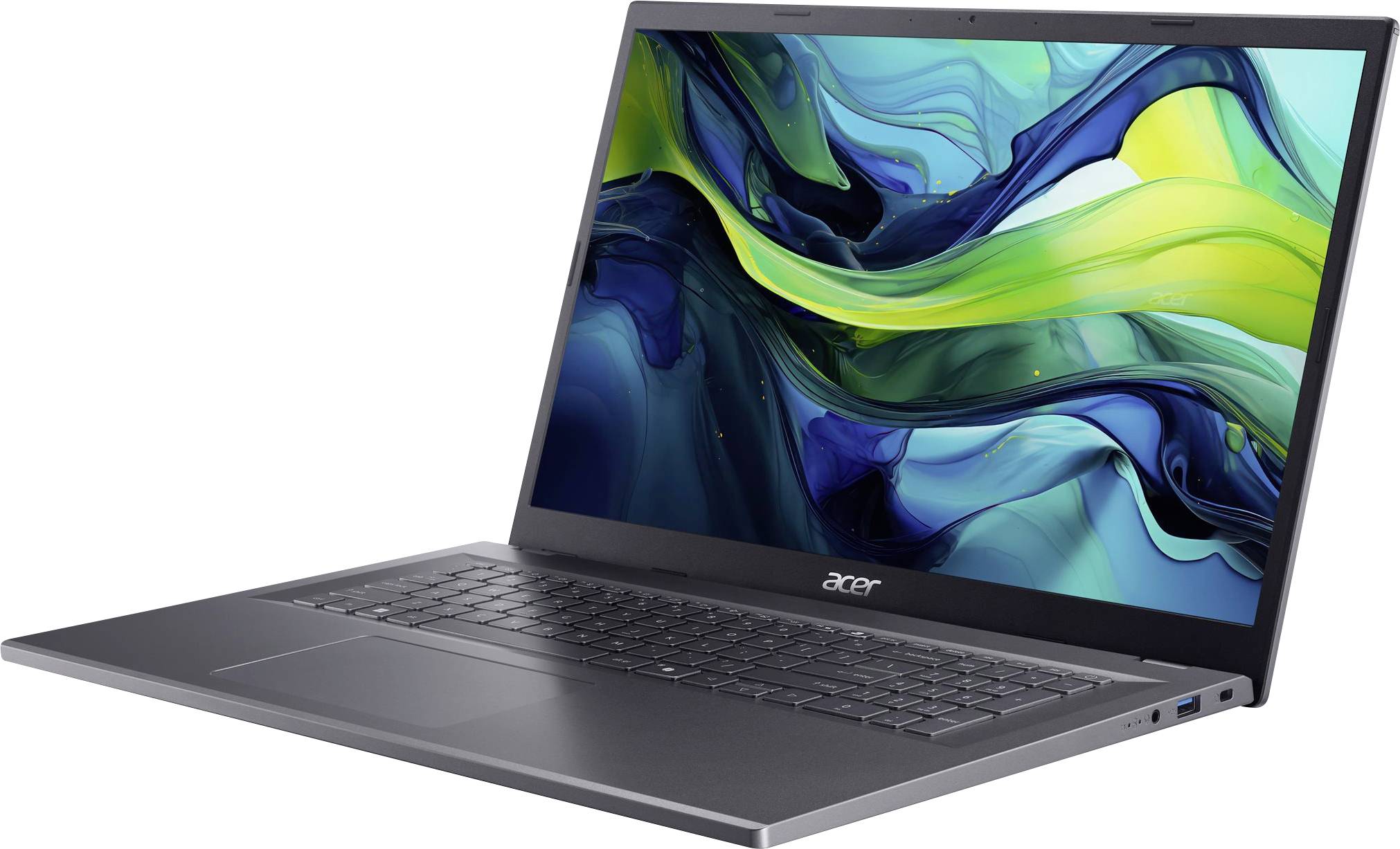 Acer-Laptop im schrägen Winkel geöffnet, zeigt ein buntes abstraktes Display auf weißem Hintergrund.