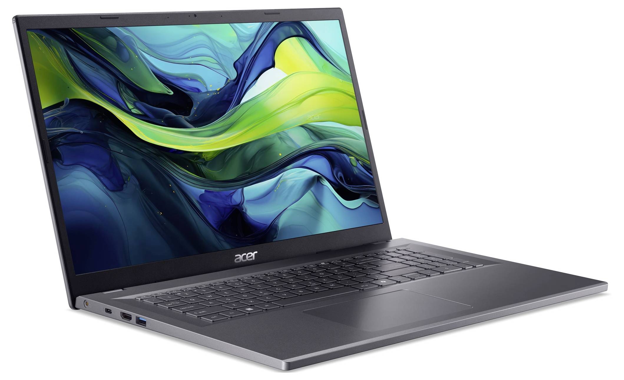 Acer Aspire 17 Laptop mit geöffnetem Bildschirm, auf dem "Aspire 17" und "A17-51M" auf einem farbenfrohen abstrakten Display angezeigt werden.