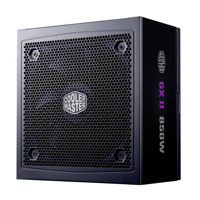 Die Stromversorgungseinheit 'Cooler Master' Modell GX II 850W verfügt über ein schwarzes Metallgehäuse mit einem Lüfter und einem sichtbaren sechseckigen Gitterdesign.