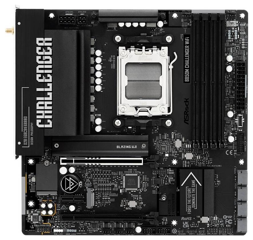 ASRock B650M Challenger WiFi Motherboard, mit Darstellung des Chipsatzes, RAM-Slots und Erweiterungssteckplätzen mit „CHALLENGER"-Branding.