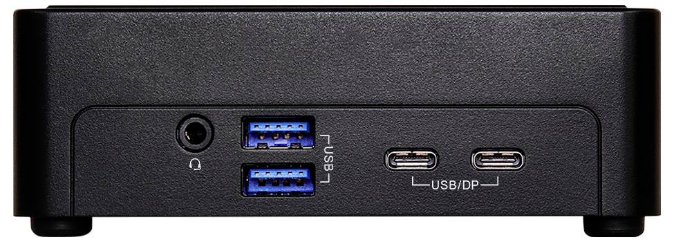 Vorderansicht eines kleinen schwarzen Computergeräts mit zwei USB-A-Anschlüssen, zwei USB-C-Anschlüssen und einer Kopfhörerbuchse auf der Frontplatte.