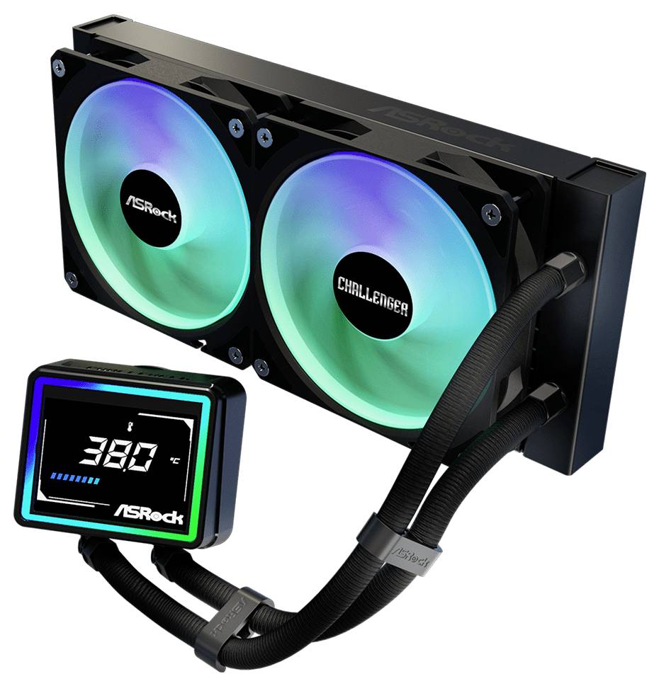 ASRock Challenger Flüssigkeitskühler für CPUs mit zwei RGB-Lüftern und kleinem digitalen Display, das „30°C" anzeigt