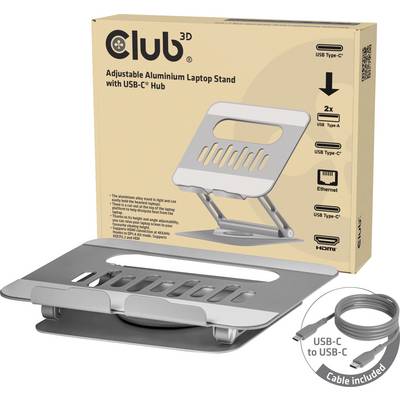 Aluminium-Laptop-Ständer mit USB-C-Hub, verstellbare Höhe, wird mit USB-C zu USB-C-Kabel geliefert. Die Verpackung zeigt das Bild des Ständers und die Konnektivitätsoptionen.