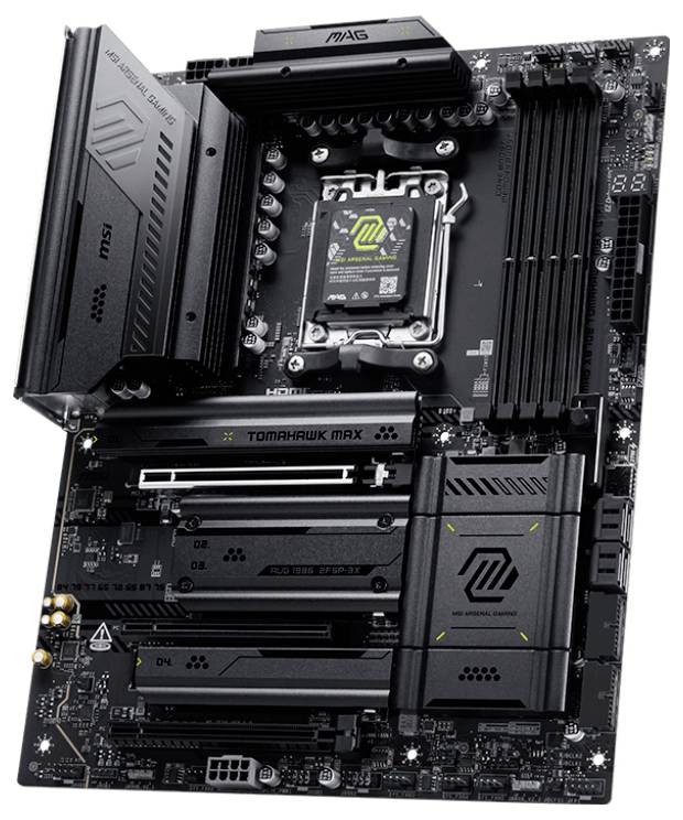Ein Computer-Motherboard mit verschiedenen Steckplätzen und Komponenten mit der Beschriftung „TOMAHAWK MAX."