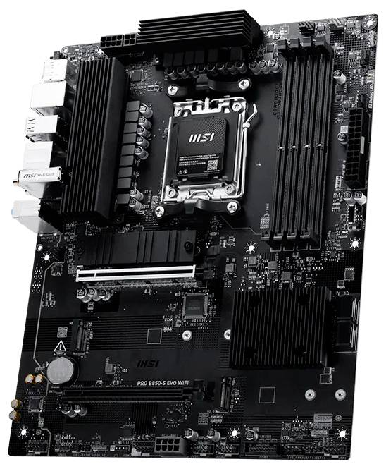 MSI schwarzes Motherboard mit CPU-Sockel, RAM-Steckplätzen, Erweiterungssteckplätzen, Kühlkörpern und hinteren E/A-Anschlüssen sichtbar.