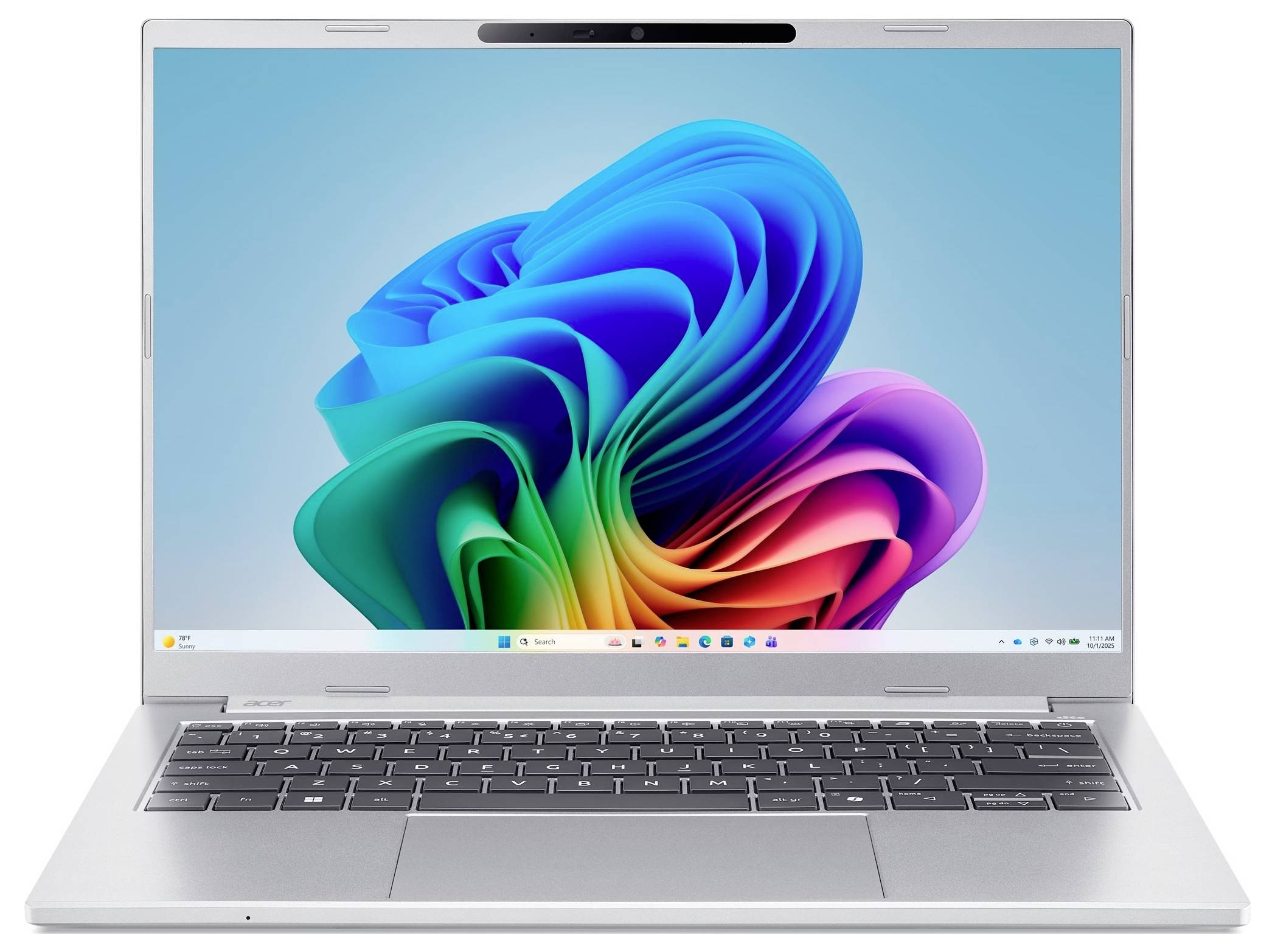 Silberner Laptop auf einem Windows-11-Desktop offen, auf dem ein buntes abstraktes blumenähnliches Hintergrundbild auf dem Bildschirm angezeigt wird.