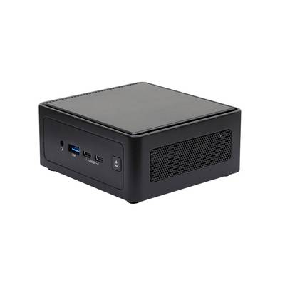 Kompakter schwarzer Mini-PC mit Netzschalter an der Vorderseite, USB- und HDMI-Anschlüssen, auf weißem Hintergrund abgebildet.