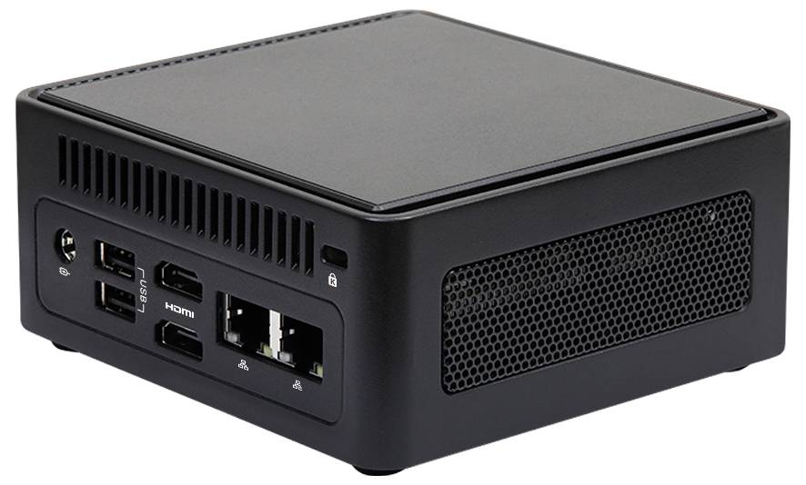 Kompakter schwarzer Mini-PC mit Frontanschlüssen einschließlich Ein-/Ausschalter, USB, HDMI, Ethernet und Schlosssymbol auf einem belüfteten Gehäuse.