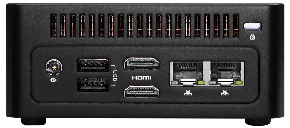 Rückansicht eines kompakten schwarzen Mini-PCs mit Anschlüssen: mehrere USB-Anschlüsse, zwei HDMI-Anschlüsse, Gleichstrom-Stromstecker und zwei Ethernet-/Netzwerkports.