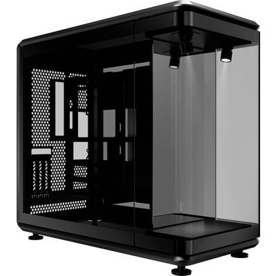 Schwarzes Glas-PC-Gehäuse mit offener Innenseite, Lüftungsgitter-Seitenpanel und oben angebrachten Kühlventilatoren.