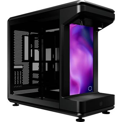 Ein schwarzes Computergehäuse mit einem lebendigen rosa und lila LED-Display auf der Vorderseite. Das Gehäuse ist offen und zeigt das Innere mit mehreren Steckplätzen.