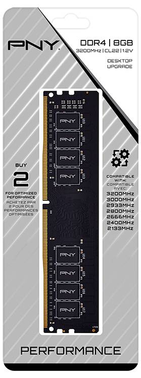 Verpackung für ein PNY DDR4 8GB Desktop-Speichermodul mit Hervorhebung der Kompatibilität mit verschiedenen MHz-Geschwindigkeiten von 2133MHz bis 3200MHz.