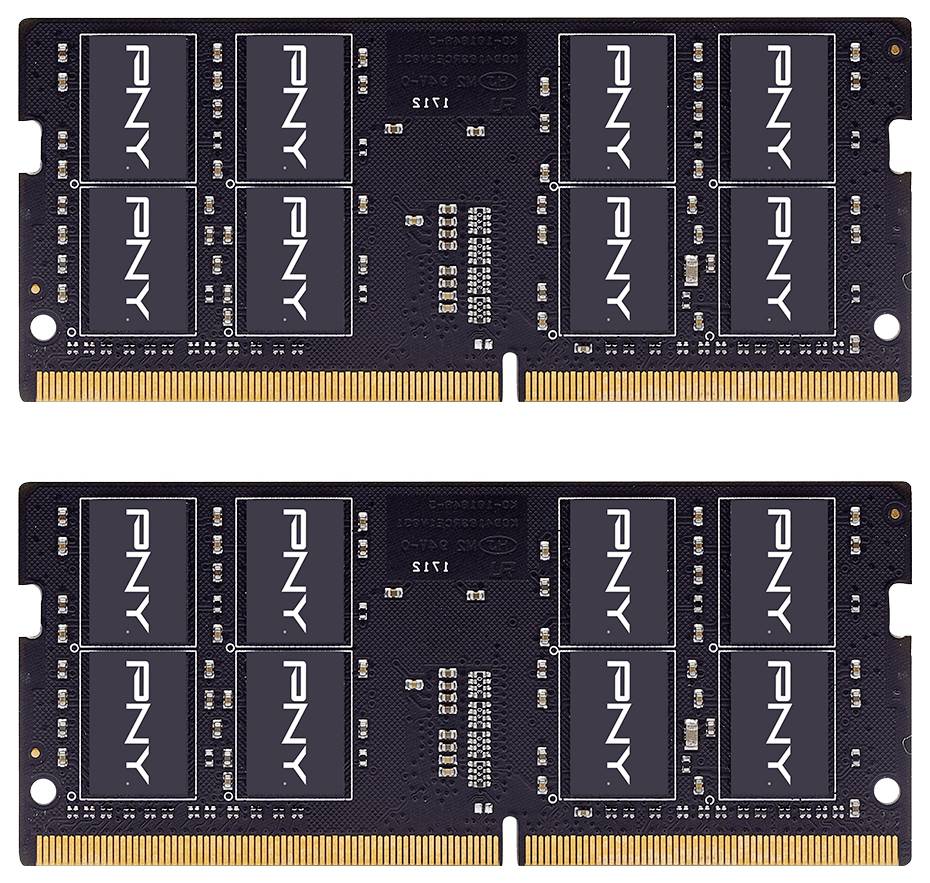 Zwei PNY-RAM-Module mit schwarzen Gehäusen und goldenen Steckern, horizontal angeordnet. Jedes Modul hat acht Speicherchips.