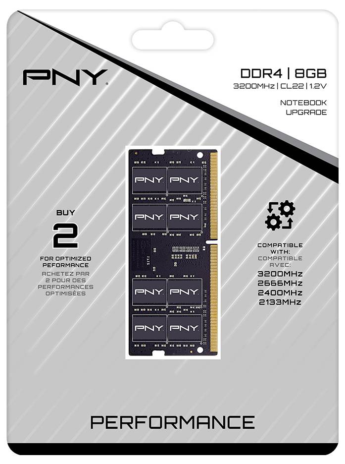 Eine PNY 8GB DDR4 Notebook-Aufrüstungskarte mit Geschwindigkeiten von bis zu 3200MHz. Bemerkenswerte Merkmale: kompatibel mit DDR4-Geschwindigkeiten, es wird empfohlen, zwei davon für verbesserte Leistung zu verwenden.