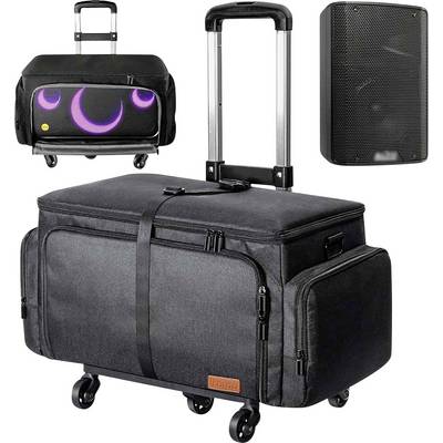 Rollbarer DJ-Ausrüstungstasche mit Lautsprechern. Die Vorderansicht zeigt zwei Lautsprecher mit violetten Lichtern. Die Haupttasche ist mit stabilen Rädern und Griffen ausgestattet.