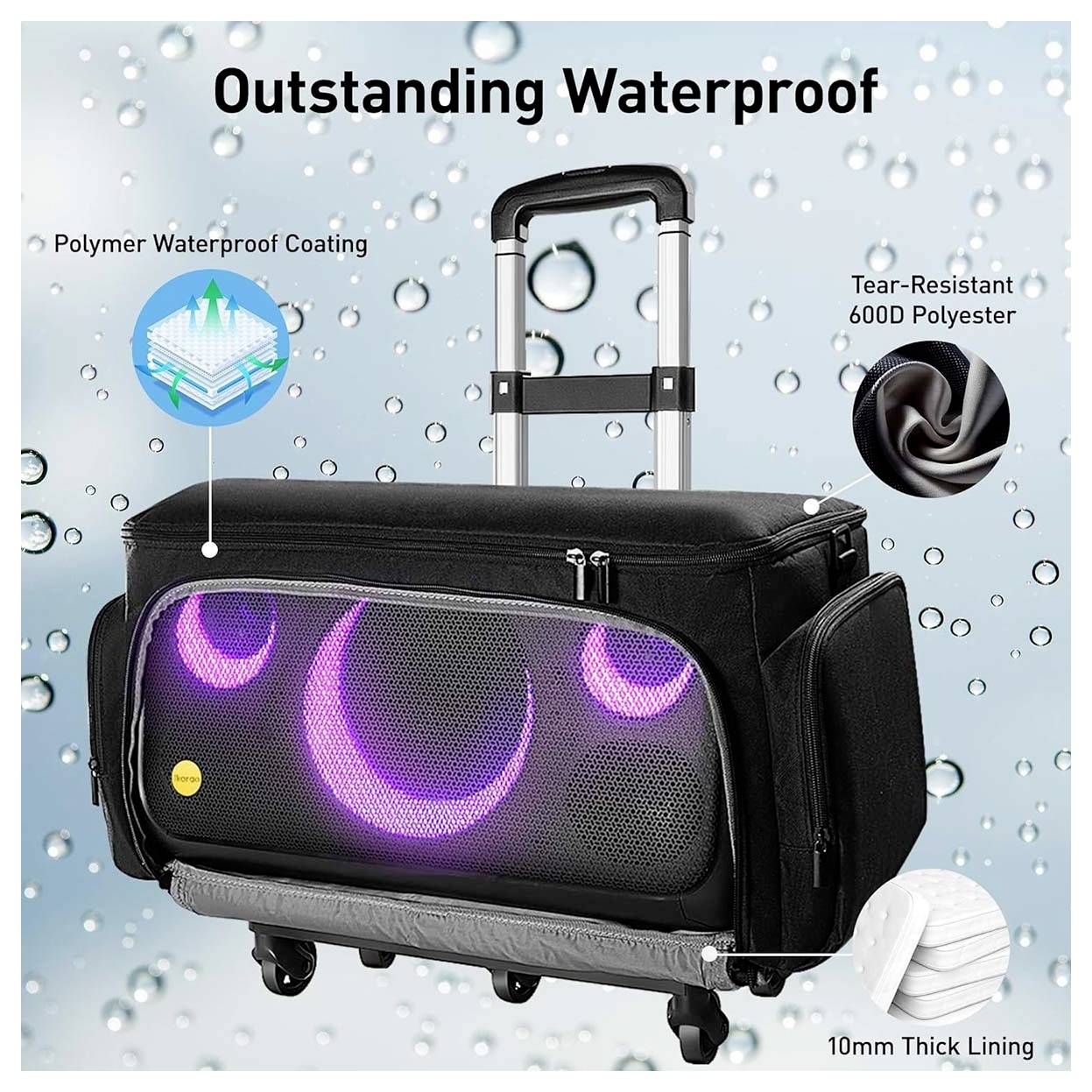 Schwarzer rollbarer Koffer mit leuchtendem violettem LED-Frontbereich, beschriftet mit "Hervorragend wasserdicht". Die Highlights umfassen reißfestes Polyester und eine wasserdichte Polymerbeschichtung. Der Hintergrund zeigt Wassertropfen.