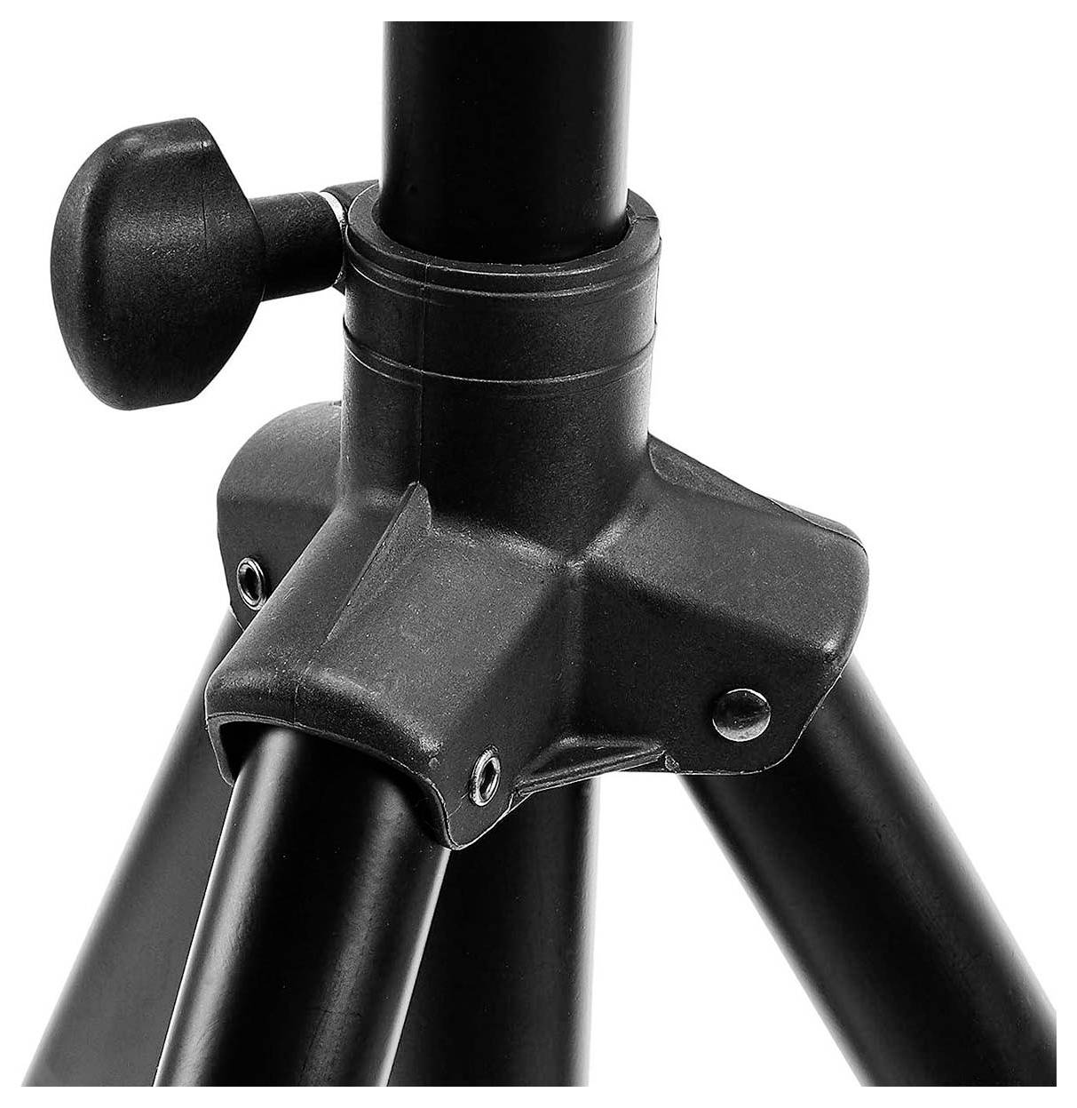 Schwarze Dreibeinstativverbindung mit einem runden Verstellknopf auf der linken Seite.