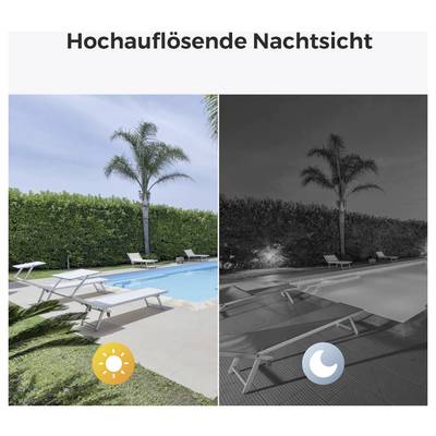 Bild zeigt einen Poolbereich am Tag und bei Nacht. Links: Sonnenschein, klare Sicht. Rechts: Nachtmodus, schwarz-weiß, klare Details sichtbar.