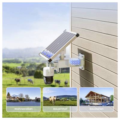 Solarkamera an einer Hauswand montiert, mit Ausblick auf grüne Landschaft. Kleine Bilder unten zeigen verschiedene Einsatzorte: Wohnstraßen, Bauernhof, Baustellen.