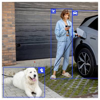 Eine Person in blauer Kleidung lädt ein Elektroauto auf, während sie ein Telefon in der Hand hält. In der Nähe liegt ein flauschiger weißer Hund auf dem Boden.