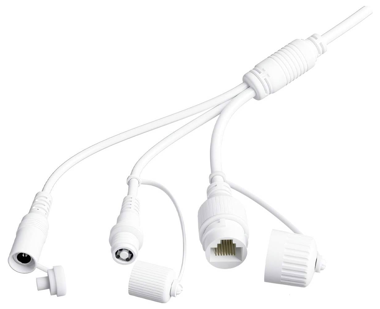 Ein weißes Splitterkabel mit mehreren Anschlüssen, einschließlich Koaxial- und Ethernet-Anschlüssen, zum Verbinden von Sicherheitskameras oder ähnlichen Geräten.