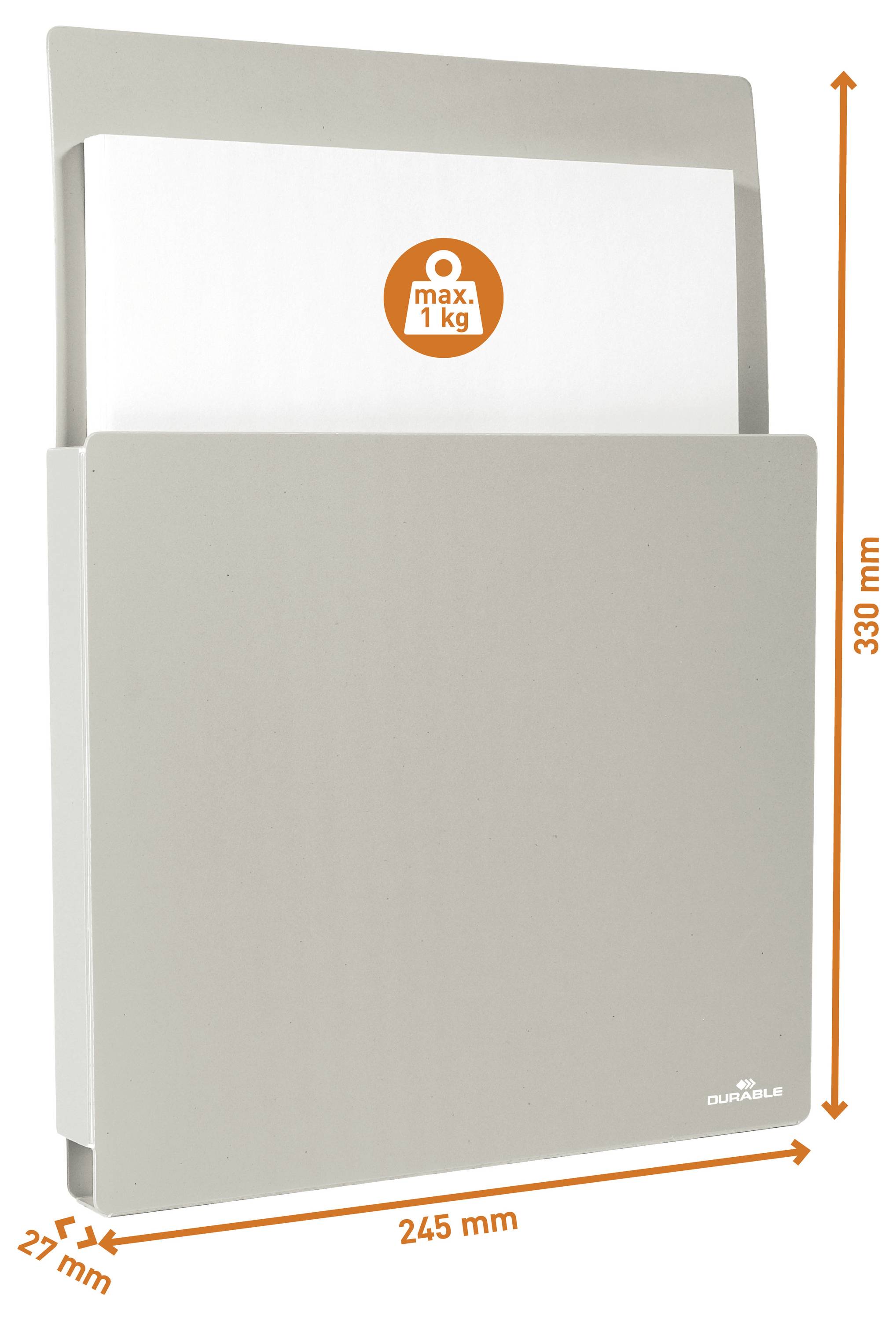 Grauer Dokumentenhalter, zur Wandmontage, fasst Papier bis max. 1 kg. Abmessungen: 330 mm Höhe, 245 mm Breite, 27 mm Tiefe.