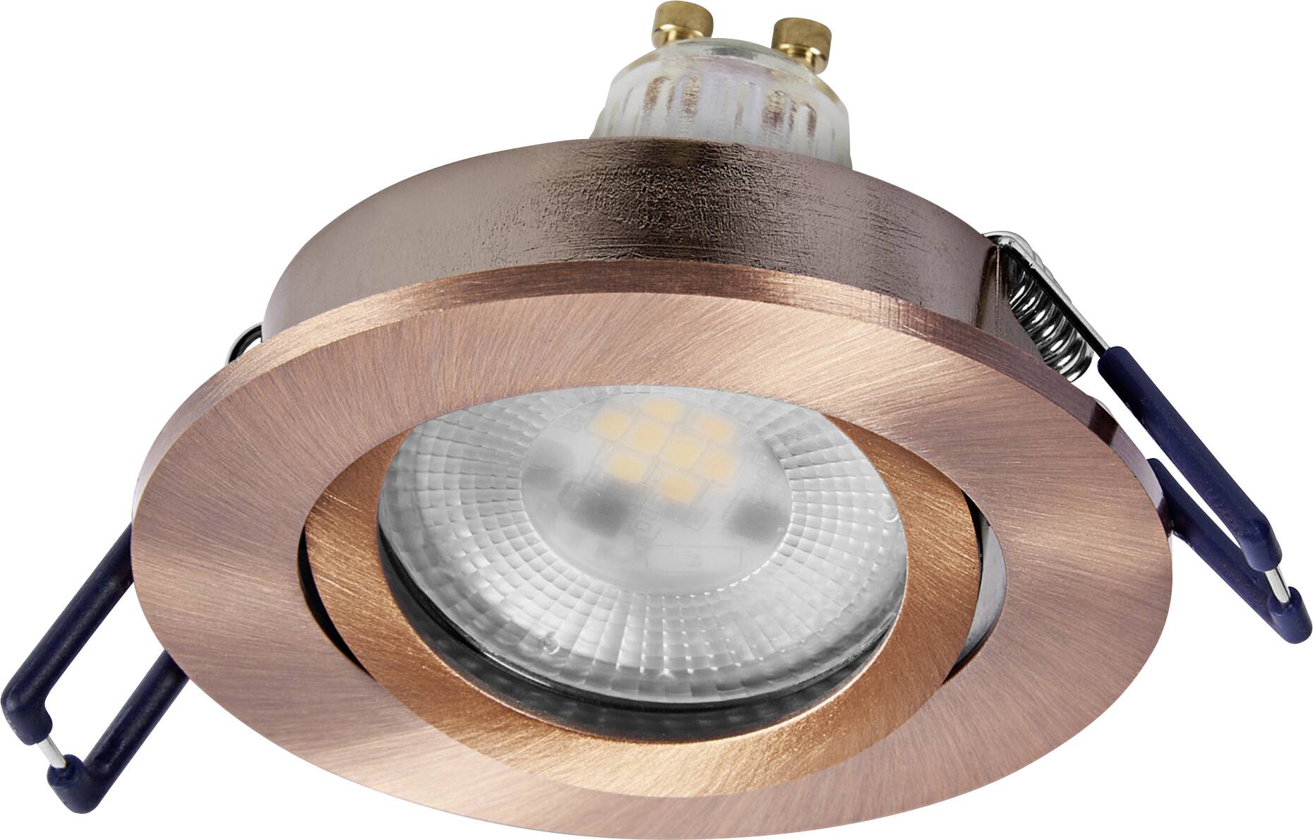 Eingebaute Deckenleuchte mit Kupferfinish, ausgestattet mit LED-Birne und Federclips zur Installation.