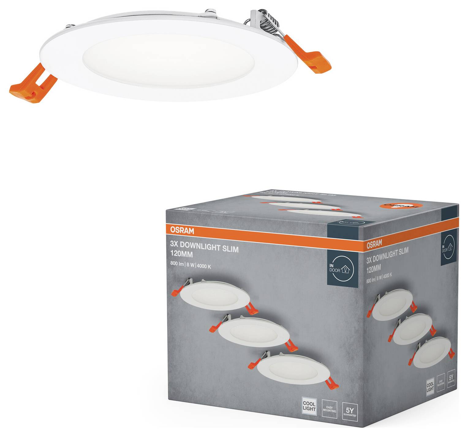 Ein weißes, kreisförmiges LED-Einbauleuchte mit orangefarbenen Klammern wird über einer Schachtel mit der Aufschrift „OSRAM 3X Downlight Slim 120mm" mit Produktbildern gezeigt.